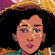 An illustration of Arab American character Rana Fawaaz. She has pierced ears and short but big brown hair and has a constellation shining on her face on the cover of Starstruck #1.